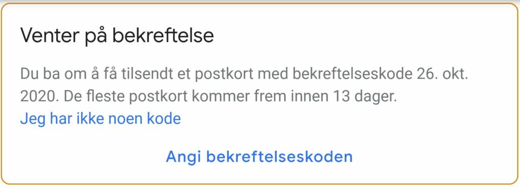 Bildet viser beskjeden OMACO AS har fått etter å ha søkt om opprettelse på Google Min bedrift.