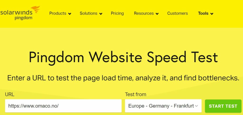 Bildet viser fylt inn url til nettsted til OMACO for å sjekke hvor rask nettsiden er på Pingdom Website Speed Test