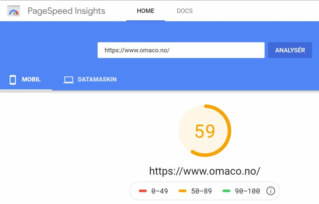 Skjermbilde av test utført med Google PageSpeed Insights på SEO rådgivningnettstedet OMACO - skår ble 59 ut av 100