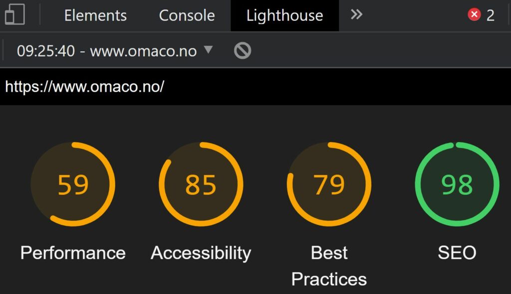 Bildet viser resultatet av auditering av nettsiden OMACO med Google verktøyet Lighthouse