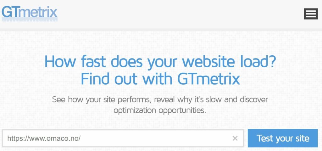 Skjermdump fra nettstedet til GTmetrix som har en gratis test du kan bruke for å teste din side - på bildet er url til OMACO fylt ut og det gjenstår å trykke Test Your Site