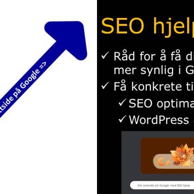 Blå pil som går oppover hvor det står din nettside på Google og sort infoboks med SEO råd tekst