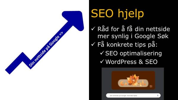 Blå pil som går oppover hvor det står din nettside på Google og sort infoboks med SEO råd tekst